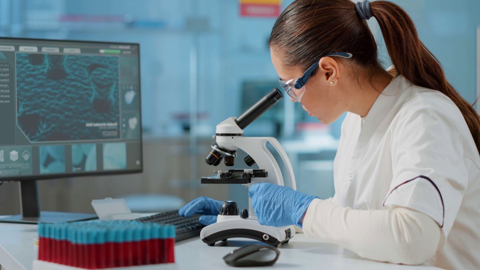 Científica de laboratorio realizando un análisis al microscopio